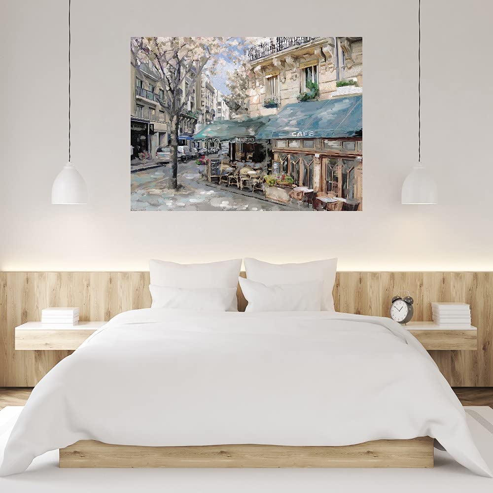 French Bistro de Paris Canvas Wall Art - 32x24 Inch Large Cityscape Painting, Fine Art Living Room Decor, Handmade Canvas Prints for Home & Office Wall Decoration | Perfect for Living Rooms, Bedrooms, Offices & Cafés