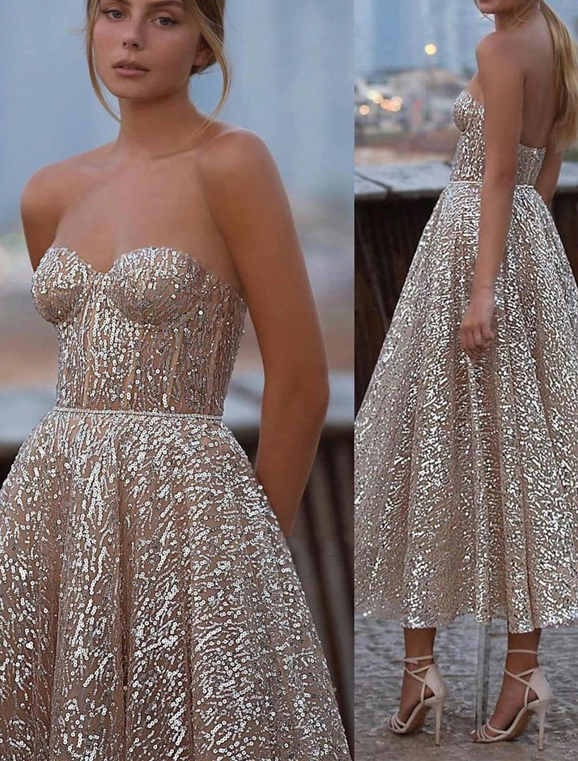 Elegant A-Line Evening Gown Corset Dress for Women - Strapless Sleeveless Tulle Party Wear with Sequin Details | Perfect for Prom, Wedding Guest, Cocktail Party & Formal Events