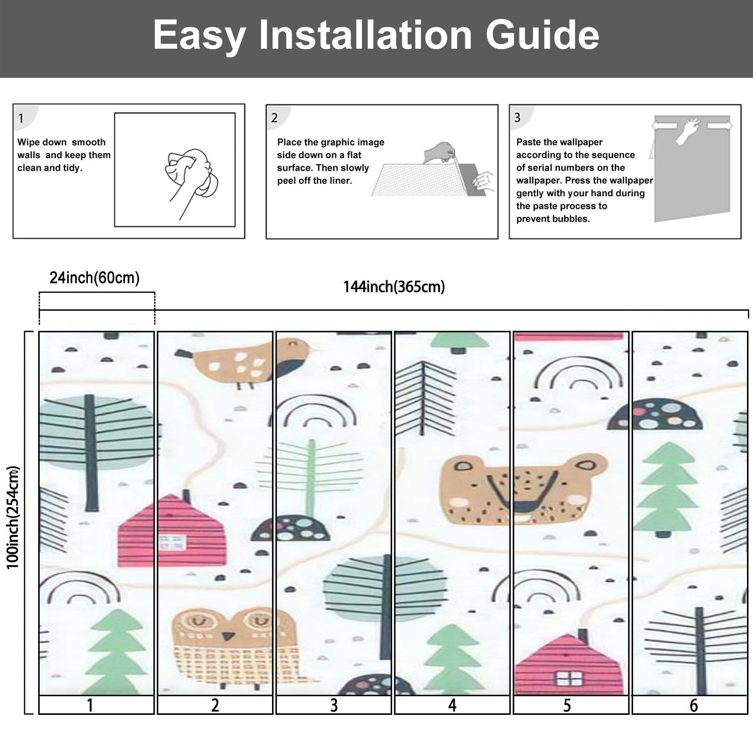 3D Modern Peel and Stick Wallpaper - Cute Animal & Tree Scandinavian Style Hand-Drawn Removable Wall Mural for Living Room, Kids Bedroom Decor | Easy DIY Home Decoration, Nursery Wall Stickers, Rental Friendly Wall Covering