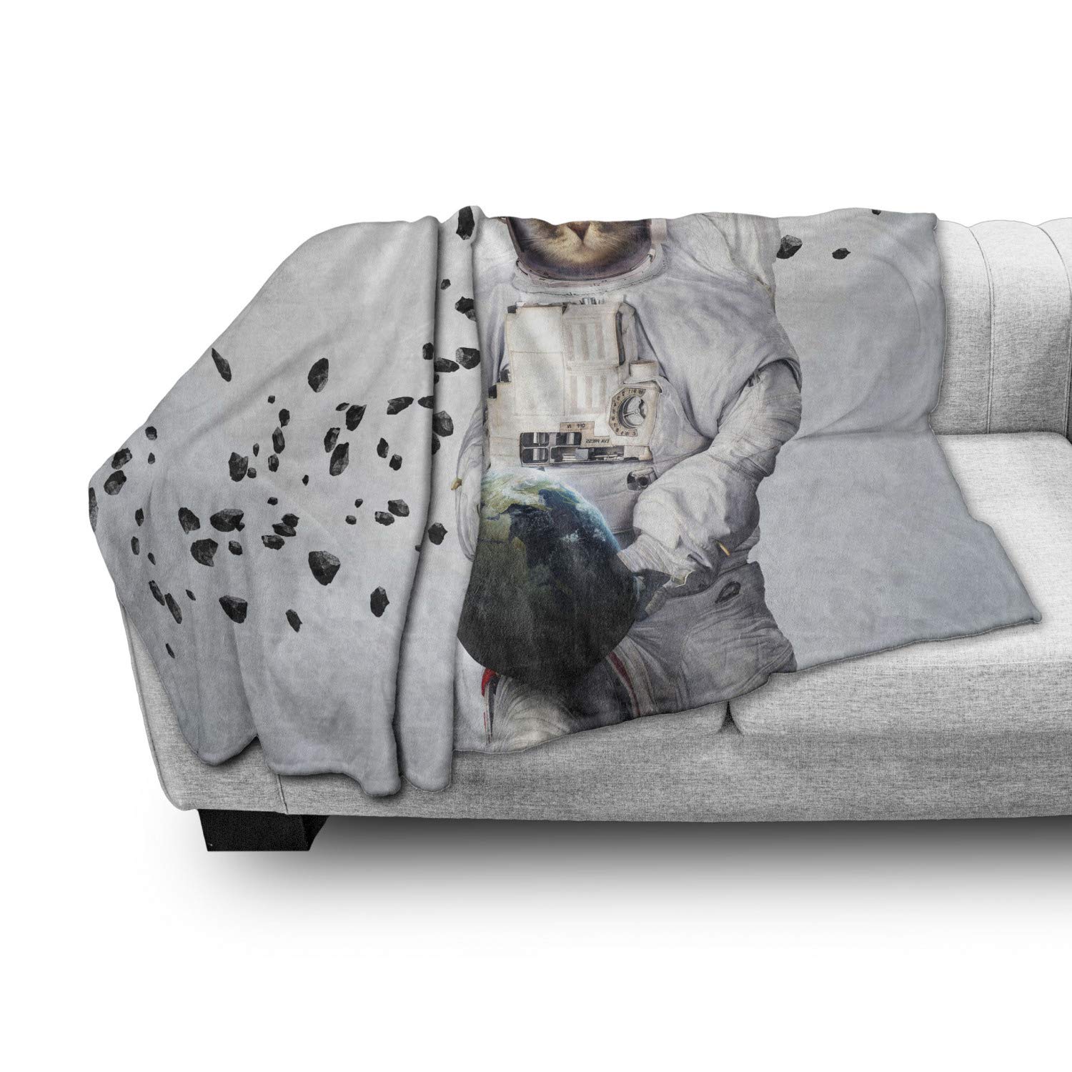 Ambesonne Space Cat Fleece Throw Blanket - Astronaut Kitten in Space Suit Holding Planet with Galaxy Design, Soft Flannel Couch Cover for Adults (50x60 Inches, White Black Blue) - Perfect for Living Room Decor, Bedroom Accent & Cozy Movie Nights