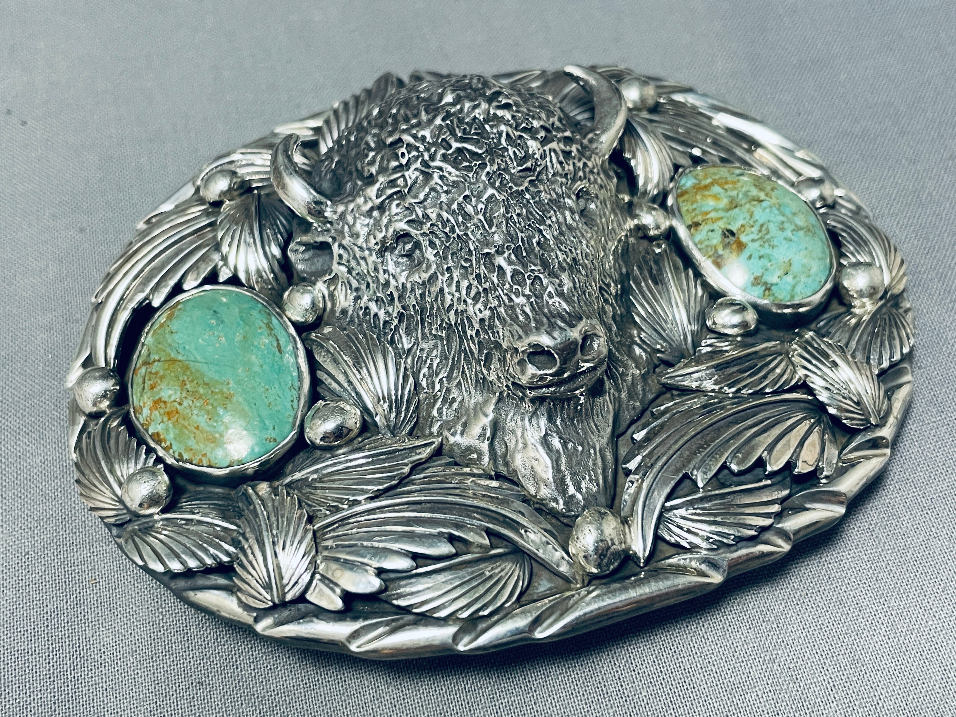 Authentic Native American Sterling Silver Buffalo Turquoise Belt Buckle - 164 Grams - Handcrafted Western Jewelry for Cowboy Boots & Jeans