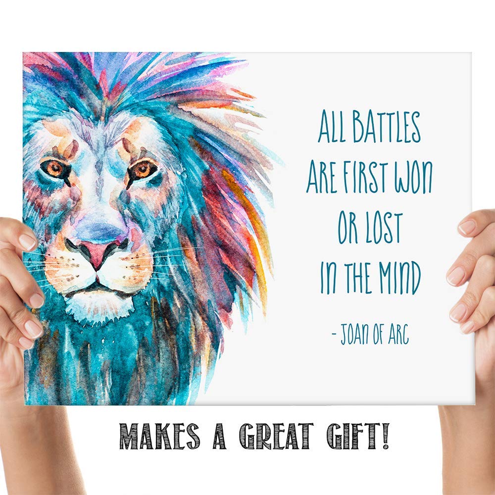 TJ Originals - 'All Battles Are First Won or Lost in the Mind' Joan of Arc Christian Bible Quote Wall Art Print - 11x14 Inspirational Scripture Decor for Home, Office & Church - Motivational Gift for Family & Friends (Brave Lion Design)