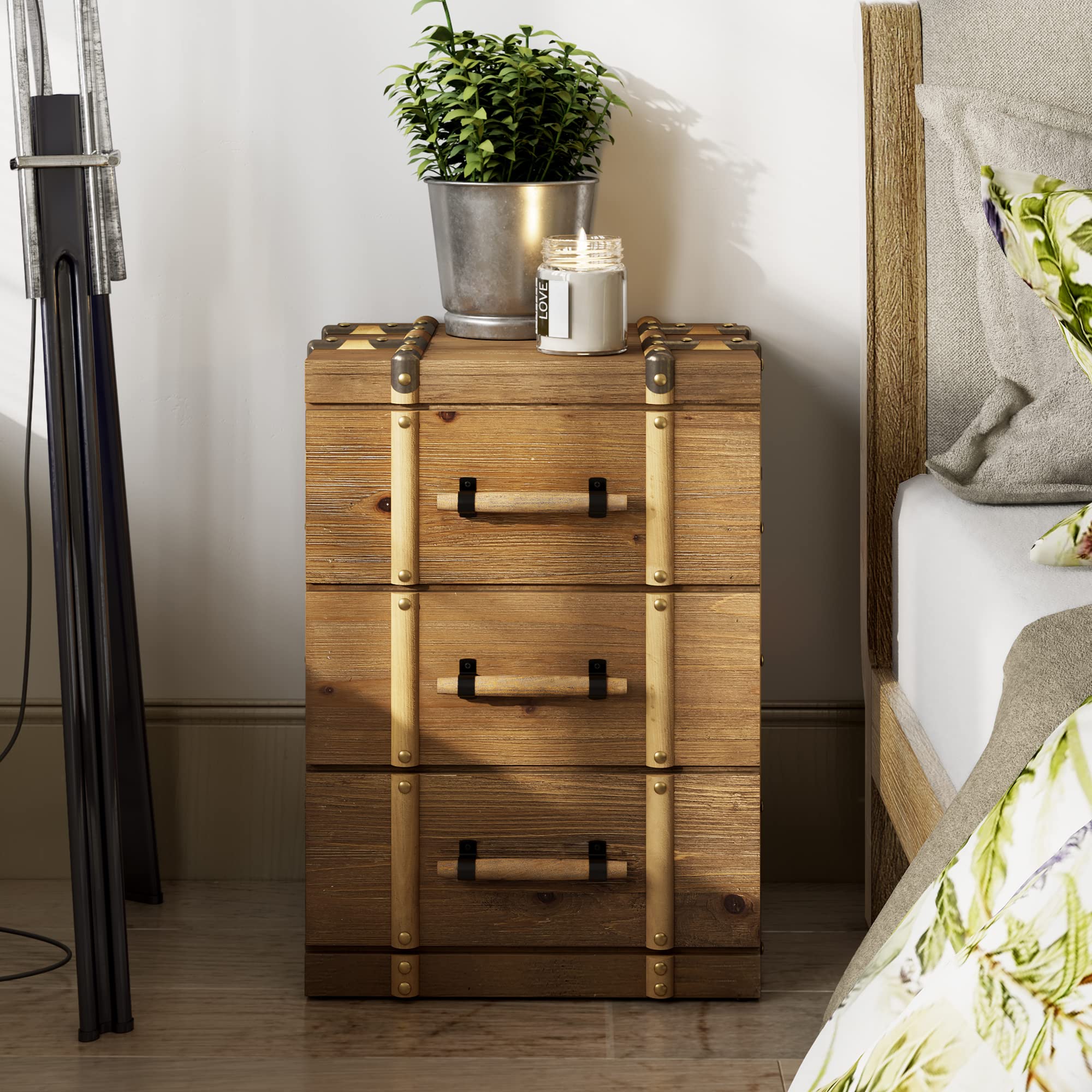 Vintage Mid Century Nightstand with 3 Drawers - Distressed Solid Wood End Table & Side Table for Bedroom & Living Room - Fully Assembled Retro Brown Finish - Perfect for Small Spaces & Guest Rooms