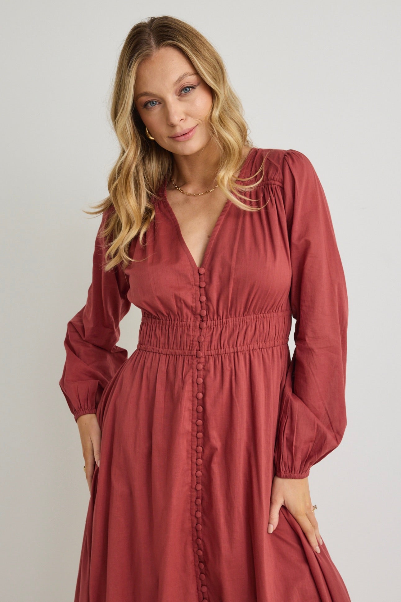 Gala Clay Long Sleeve Button Front Tiered Maxi Dress for Women | Elegant Boho Chic Flowy Dress for Fall Weddings, Parties & Special Occasions