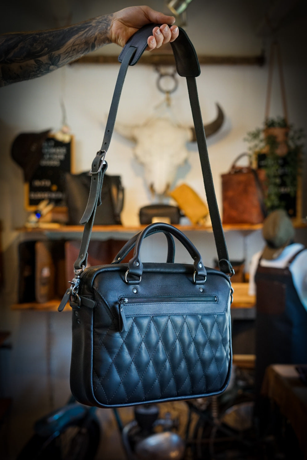 Premium Diamond Stitch Work Bag - Two Tone Flat Black & Pebbled Black Accents - Durable Professional Laptop Tote for Office, Business Travel & Commuting