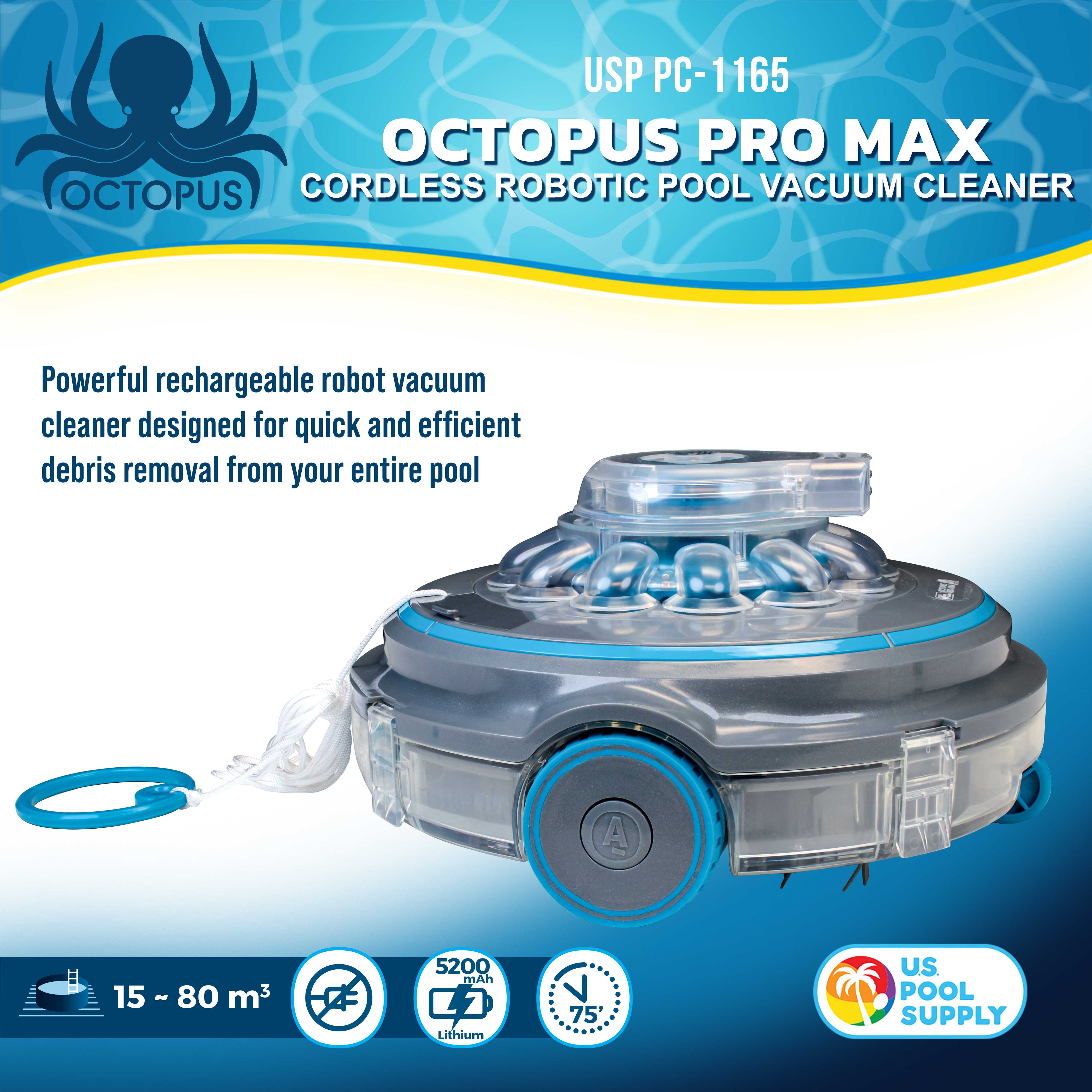 Octopus Pro Max Cordless Robotic Pool Vacuum Cleaner - 75 Min Runtime, Powerful Suction, Dual Filtration System, Rechargeable Automatic Pool Cleaner for Leaves & Debris | Ideal for In-Ground & Above Ground Pools
