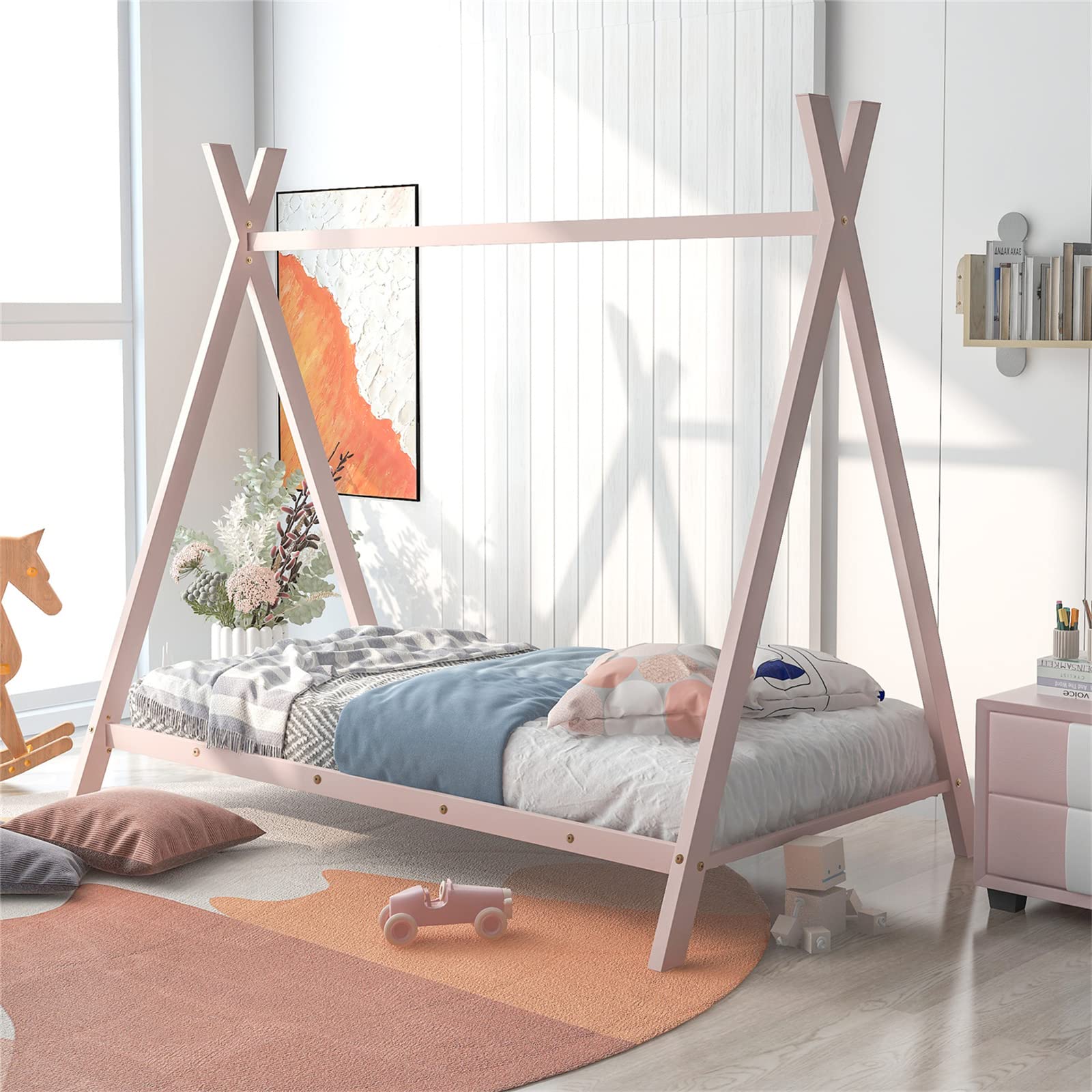 **Metal Twin Size Low Platform Bed Frame with Triangle Structure - Sturdy Slats Support, No Box Spring Needed - Pink Floor Play House Bed for Kids, Girls & Boys - Perfect for Bedrooms, Playrooms & Sleepovers**