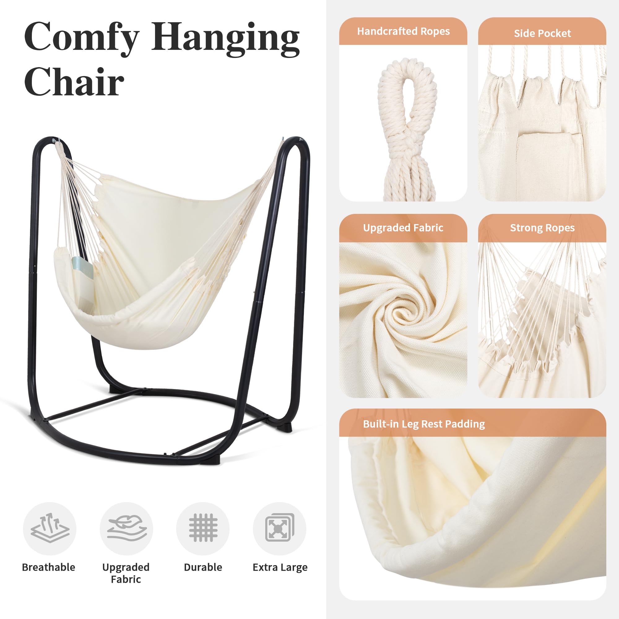 SUNCREAT Indoor & Outdoor Hammock Swing Chair with Stand - 330 lbs Weight Capacity, Beige - Perfect for Patio, Garden, Living Room, and Relaxation
