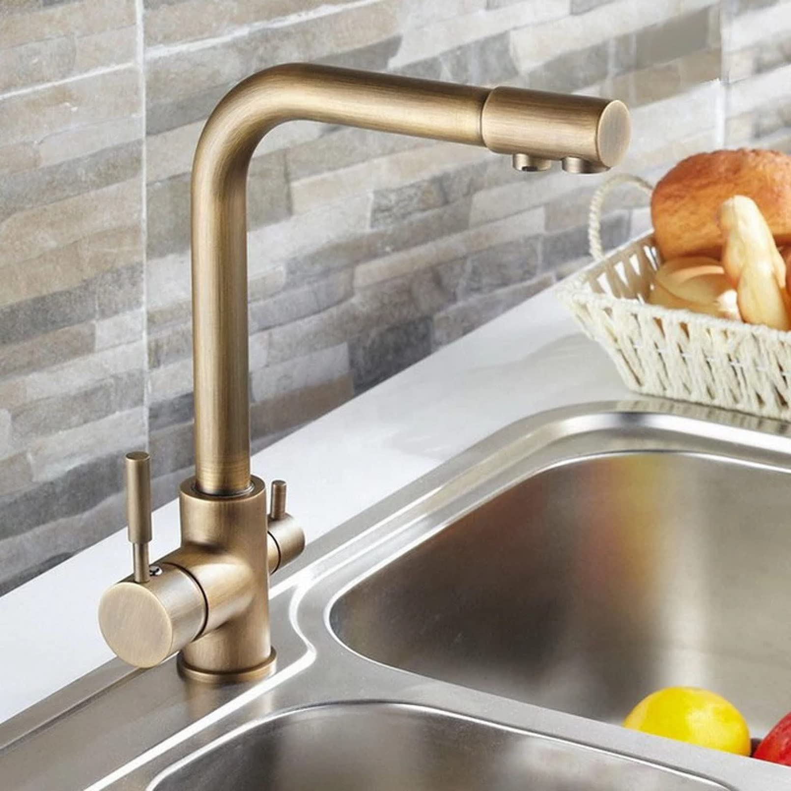Vintage Retro Antique Brass Two Lever 3-Way Water Filter Kitchen Sink Faucet Mixer - Perfect for Modern Farmhouse, Industrial Style Kitchens & Bar Sinks