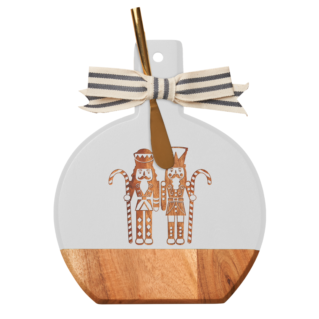 Acacia Wood Beveled Cutting Board with Gold Ribbon & Spreader Knife - Elegant Gilded Nutcracker Design - 9.75