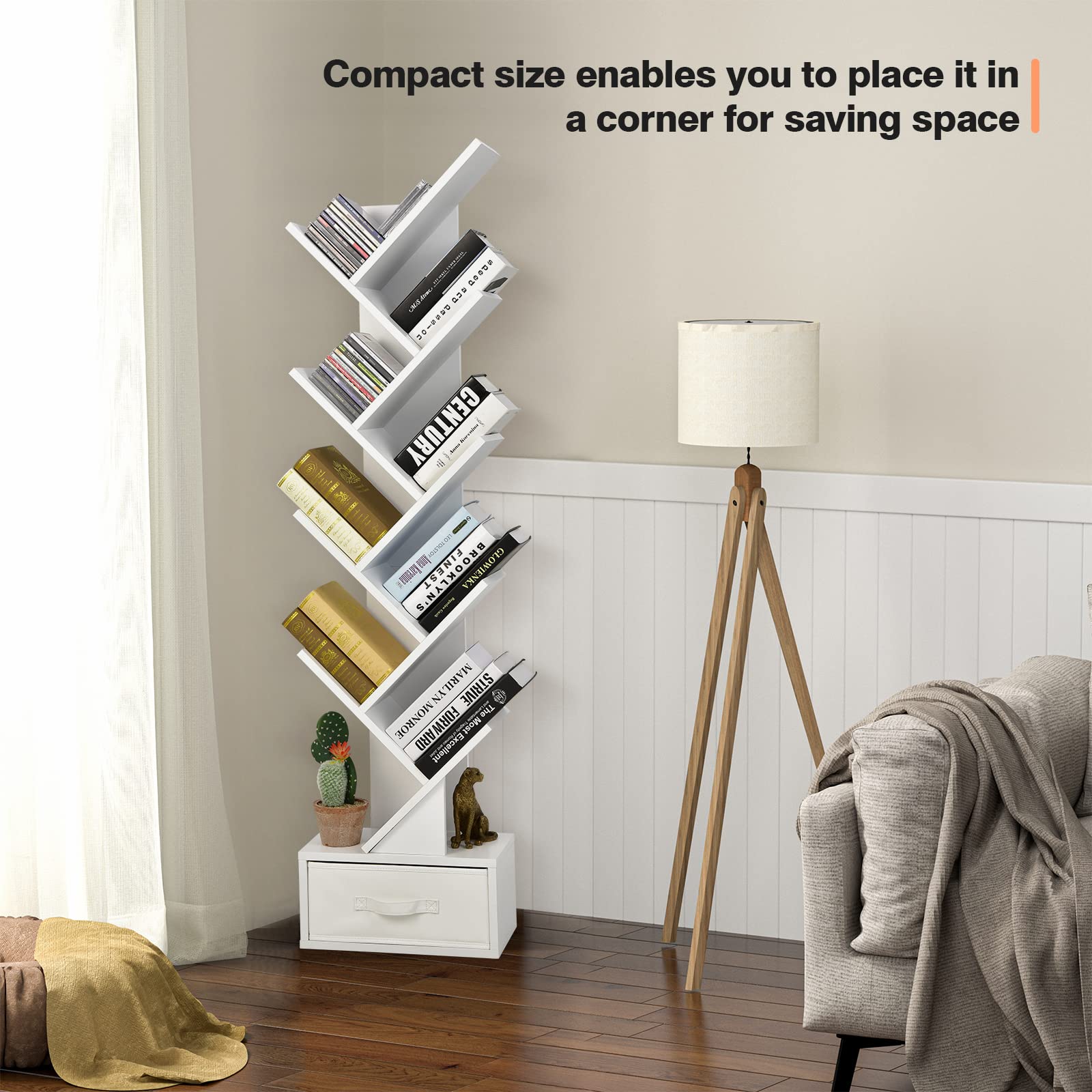 Tangkula 10-Tier Tree Bookshelf with Drawer - Floor Standing Storage Organizer for Books, Movies, CDs & Collectibles - Space-Saving Display Shelf for Bedroom, Living Room, Home Office & Dorm (White) - Perfect for Small Spaces & Stylish Home Organization
