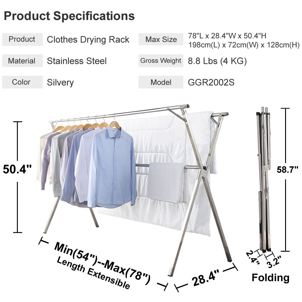 Foldable Stainless Steel Clothes Drying Rack - 78 Inch Indoor/Outdoor Laundry Rack | Space Saving Garment Drying Stand for Apartments, Balconies & Travel | Heavy Duty Collapsible Clothes Airer for Quick Drying
