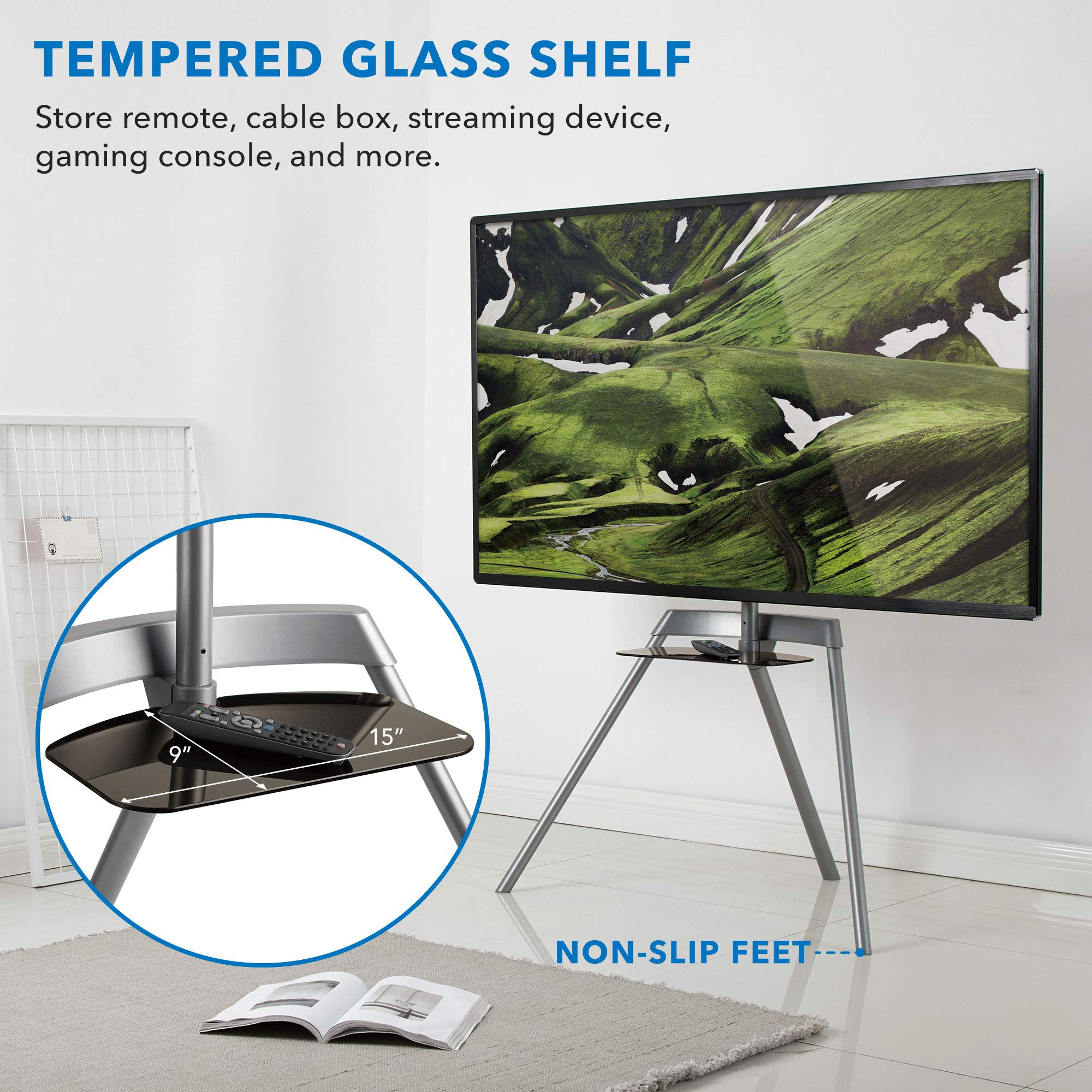 Easel TV Stand - Adjustable TV Tripod for 43-65 Inch Flat & Curved Screens | Supports Up to 88 lbs | Quick Assembly with SNAP-Lock Technology | Portable Minimalist Design for Living Room, Bedroom & Office