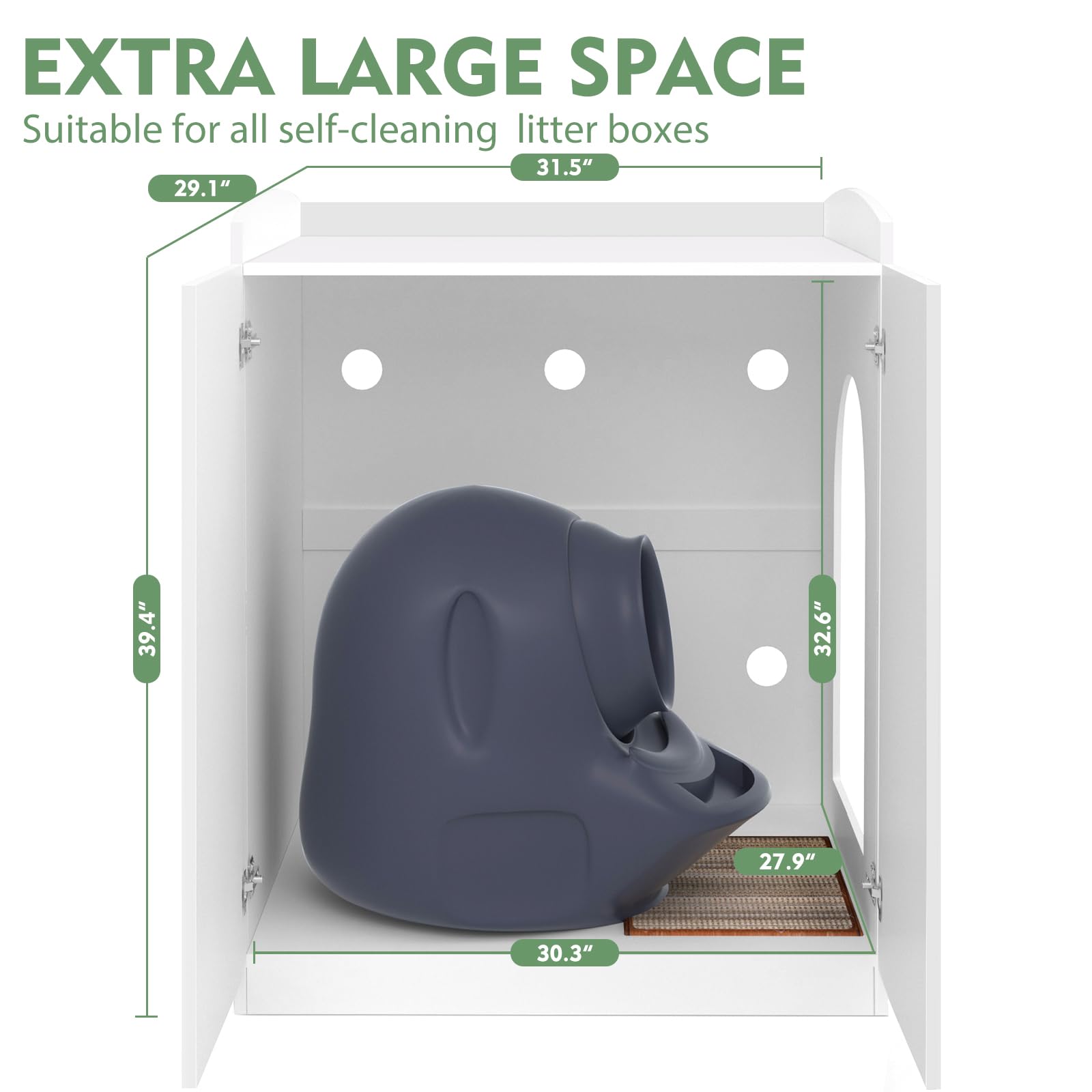 Modern Tall Self-Cleaning Litter Box Enclosure - Hidden Cat Litter Box Furniture for Large Automatic Litter Boxes, White - Perfect for Small Spaces & Multi-Cat Homes