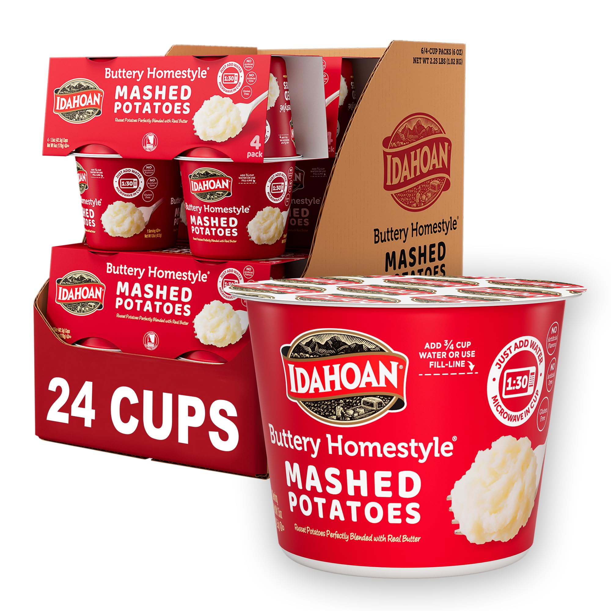 Idahoan Buttery Homestyle Mashed Potatoes Cup - 1.5oz (24 Pack) | Instant Mashed Potatoes for Camping, Hiking & Emergency Food Supply | Quick & Easy Side Dish for Home, Office & Travel