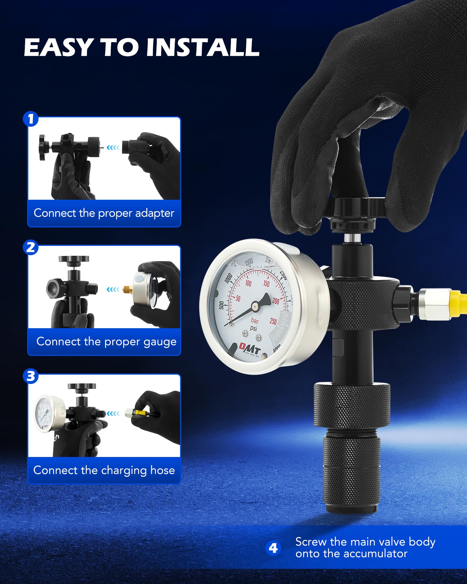 Orion Motor Tech Hydraulic Nitrogen Accumulator Charging Kit - 1300/3500/5500 PSI with 3 Gauges, 6 Adapters, Gas Hose & Valve Body - Professional Hydraulic Pressure Test Kit for Industrial & Automotive Applications - Perfect for Hydraulic System Maintenance & Nitrogen Charging