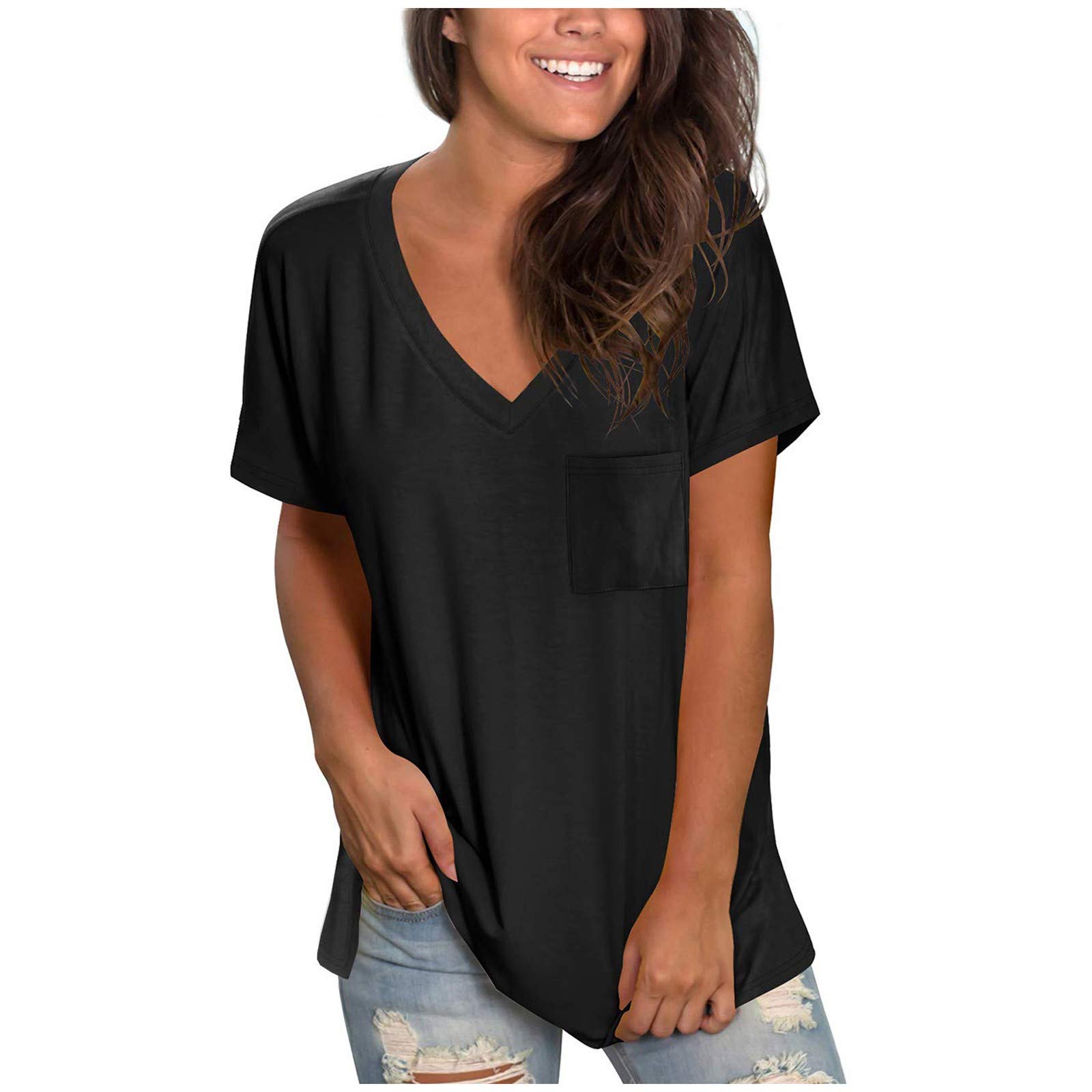 Women's Casual V-Neck Tie-Dye T-Shirt with Pocket - Loose Fit Short Sleeve Summer Top for Everyday Wear, Beach Outings & Weekend Relaxation