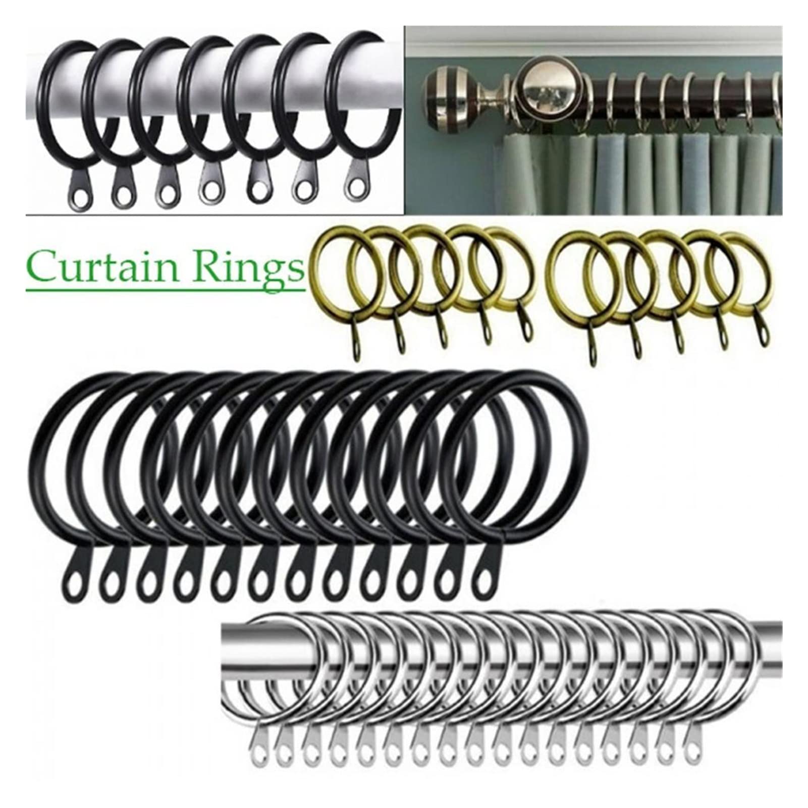 PJRYC 60PCS White Metal Curtain Rings with Hooks for Hanging Curtains on Rods & Poles - Perfect for Voile, Sheer, and Blackout Drapes in Living Room, Bedroom, or Office