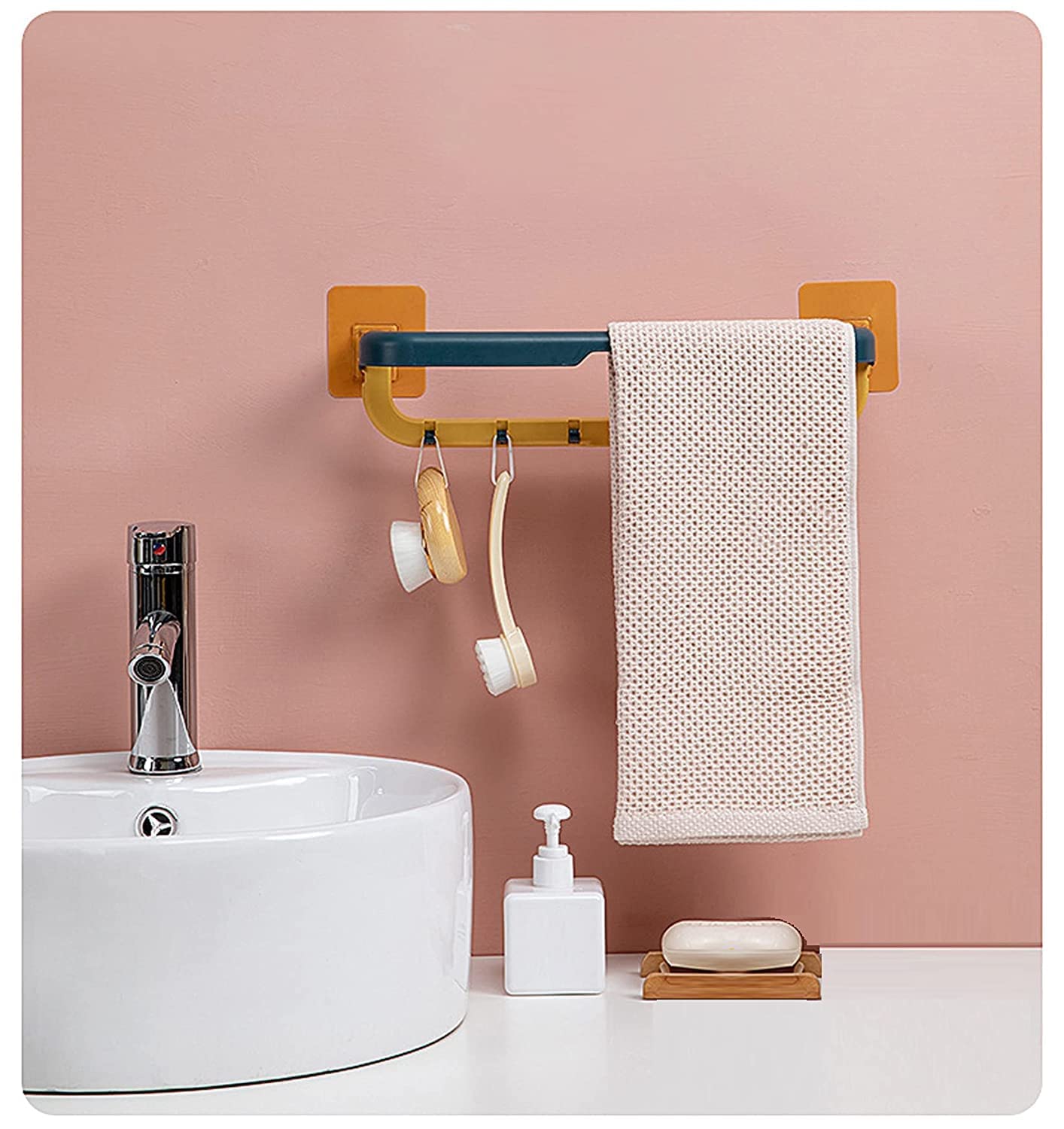 Pushkh Foldable Towel Rack for Bathroom - Wall Mounted Double Layer Towel Holder with Shelves & Hooks | Space Saving Bathroom Organizer | Perfect for Small Bathrooms, Laundry Rooms & Dorm Rooms (Multicolor)