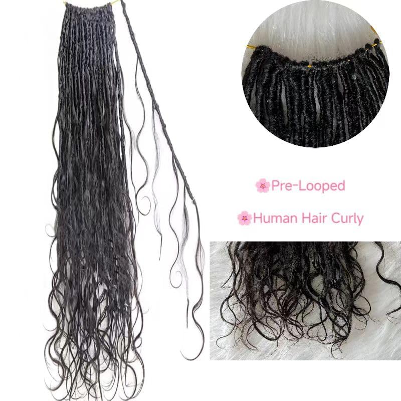 Pre-Lopped Crochet Boho Locs Braiding Hair with Human Hair Curls - 18inch 48 Strands (2 Pack) - Natural Body Wave Goddess Locs with Curly Ends for Boho Dreadlocks | Perfect for Protective Styles, Natural Hair Extensions & Festival Hairstyles