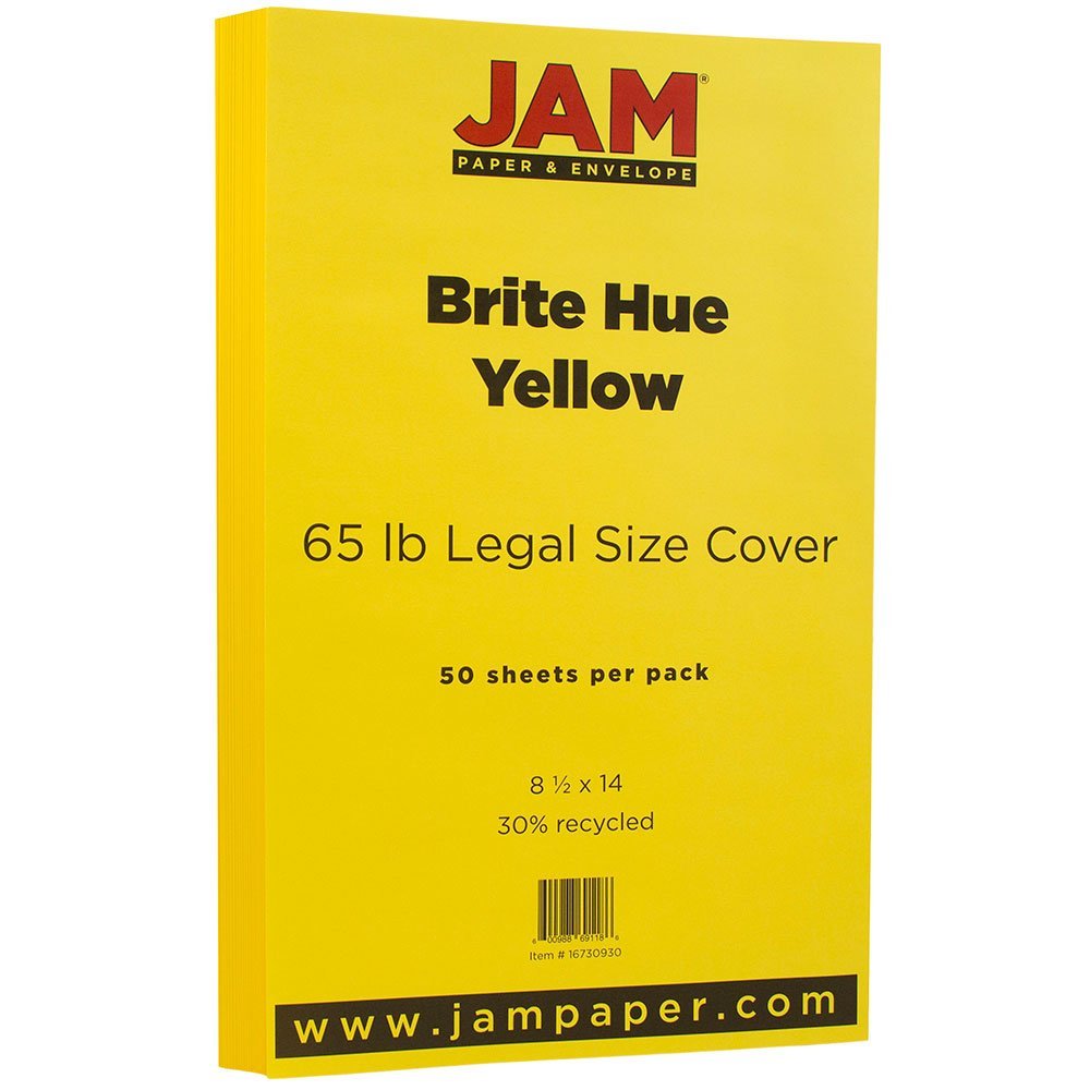 JAM PAPER Legal 65lb Cardstock - 8.5 x 14 Coverstock - 176 GSM - Yellow Recycled Paper - 50 Sheets per Pack - Perfect for Business Cards, Invitations & Craft Projects