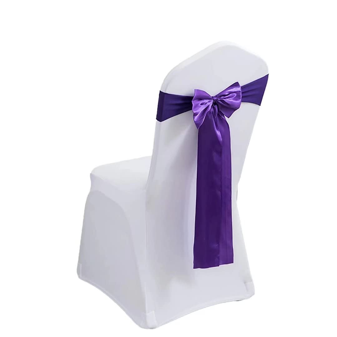 100 Pack Satin Stretch Chair Sash Bows - No Tie Spandex Chair Bands & Ribbons for Wedding, Banquet, Party Decor (Dark Purple) | Perfect for Hotel Events, Birthday Receptions & Table Decoration