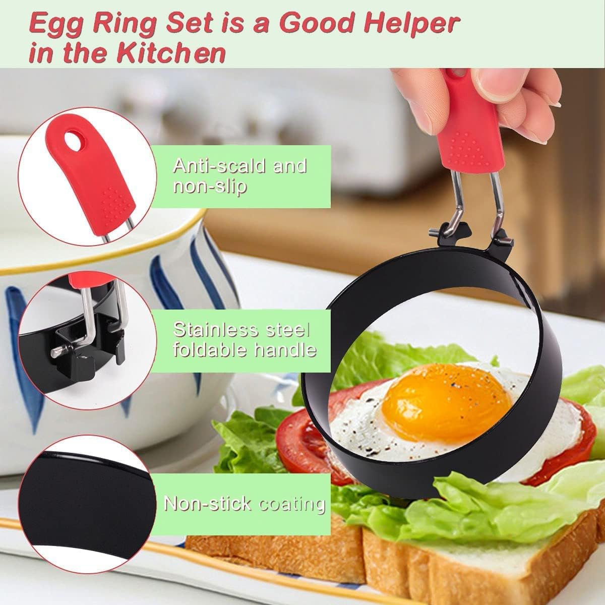 Stainless Steel Egg Rings Set of 4 - Nonstick, Heat-Resistant Egg Molds with Silicone Brushes & Spatulas for Cooking Fried Eggs, Pancakes, Crepes (4 Colors) - Perfect for Breakfast, Brunch & Family Cooking