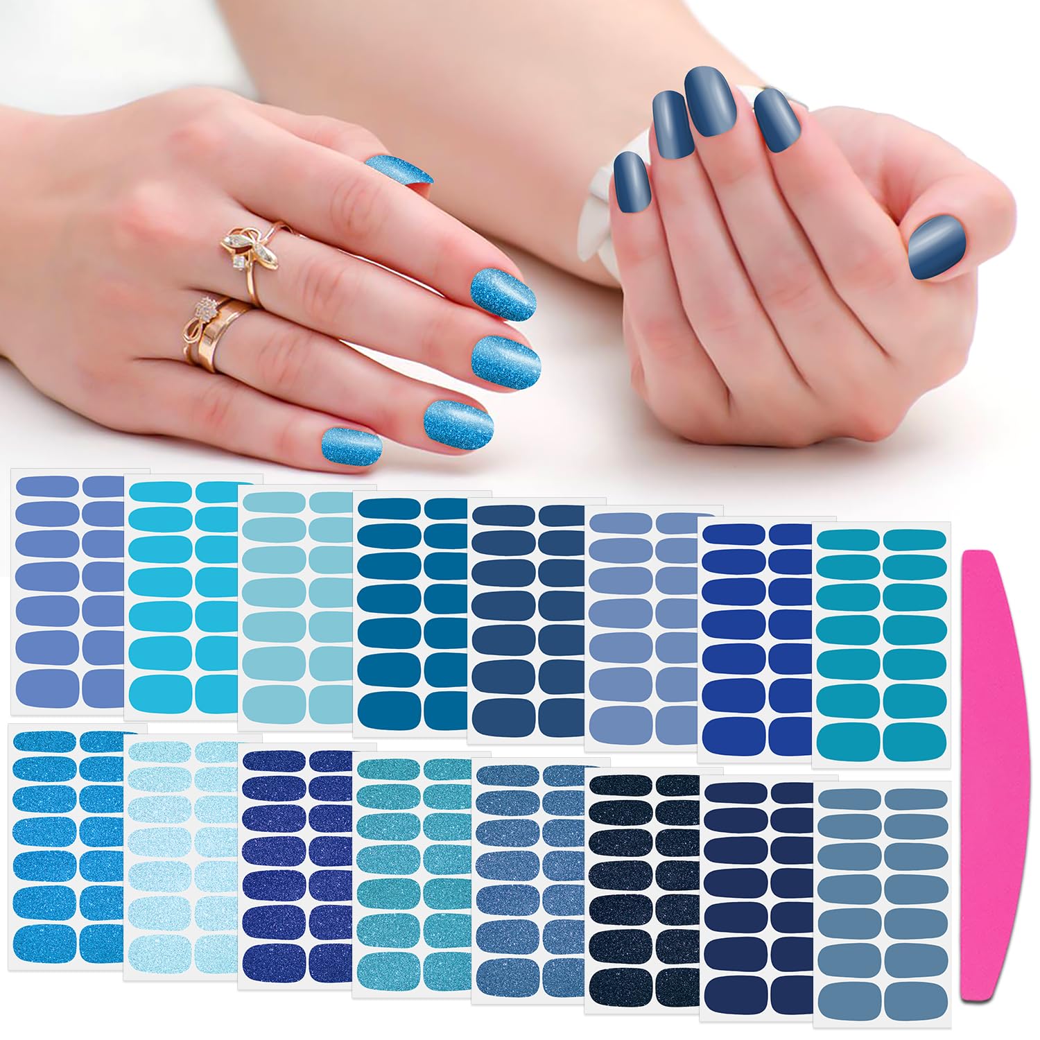 SILPECWEE 16 Sheets Blue Nail Wraps for Women - Glitter & Solid Color Nail Polish Stickers, Self-Adhesive Gel Nail Strips with Nail File - Perfect for Manicure, Home Salon, Parties & Gifts