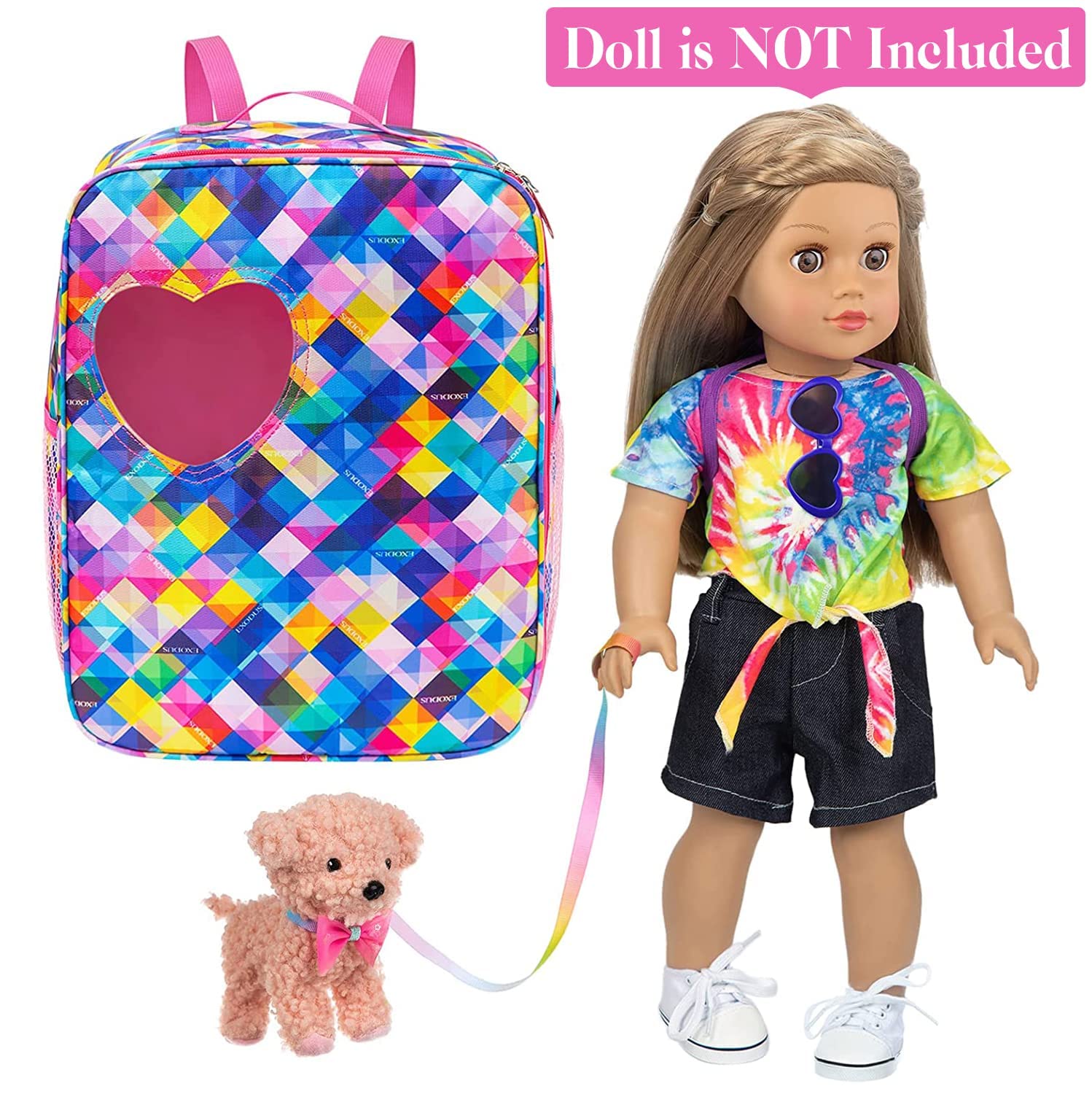 Ecore Fun 18 Inch Doll Accessories Set - 5 Piece Bundle with Clothes, Shoes, Sunglasses, Backpack & Toy Dog | Perfect for American Girl Dolls & Role Play | Great Gift for Kids Birthday & Pretend Play