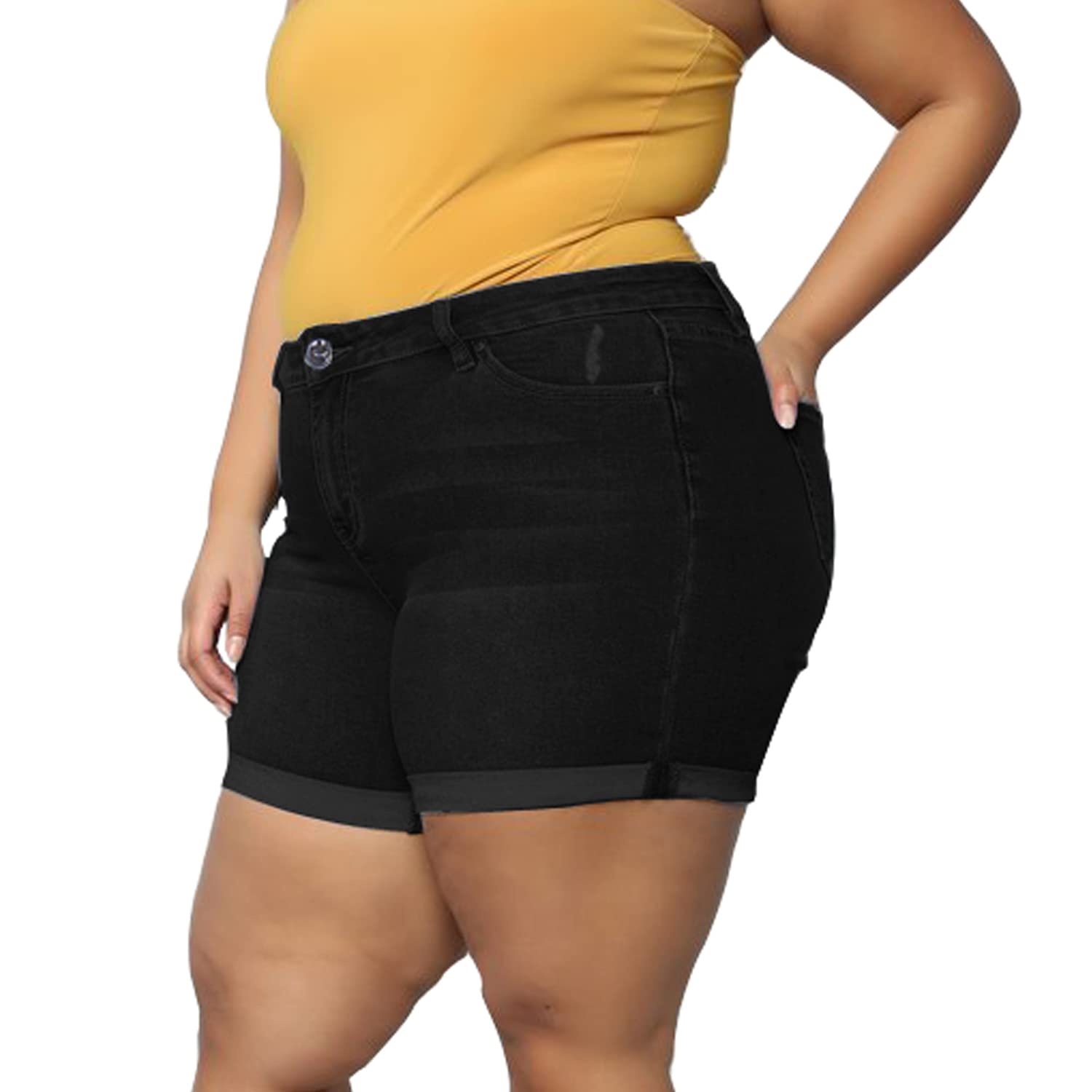 Plus Size Women's Ripped Denim Jean Shorts - High Waisted Stretchy Folded Hem Shorts for Casual Wear, Summer Outfits & Beach Vacations