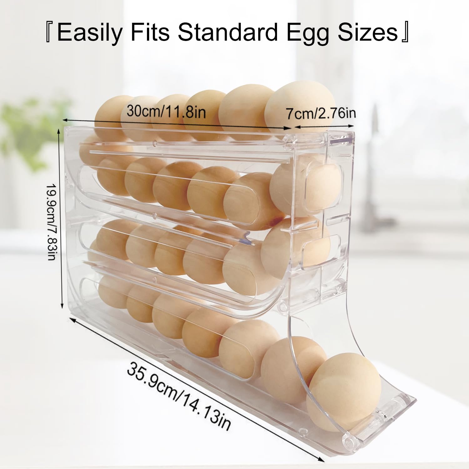 4-Layer Auto Rolling Egg Holder for Refrigerator - Transparent Space-Saving Egg Dispenser Storage Tray (Holds 30 Eggs) - Perfect for Kitchen Cabinets, Tables, Restaurants & Home Organization