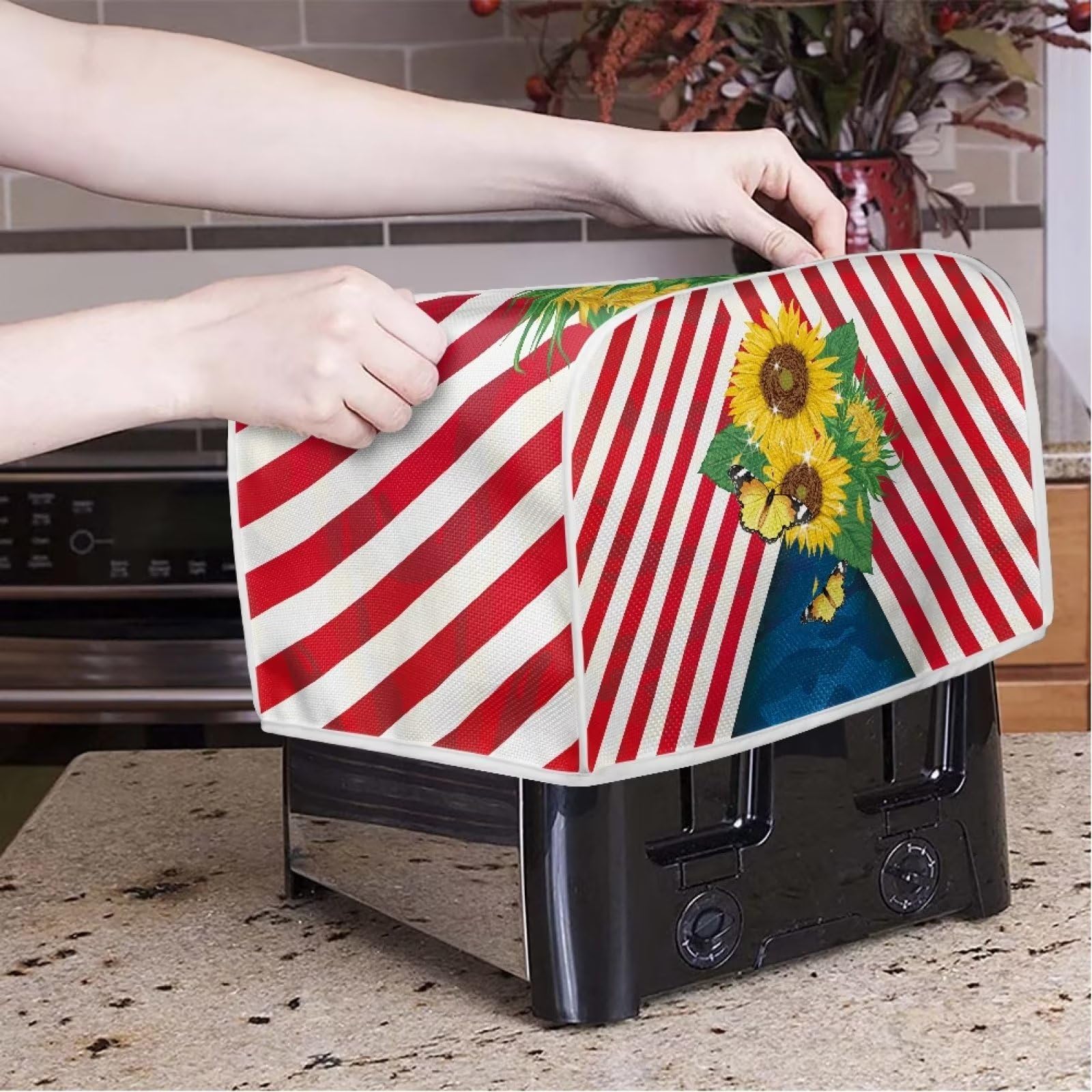 American Flag Sunflower Toaster Cover for 4-Slice Toasters - Universal Fit Anti-Splatter Kitchen Appliance Cover - Cute Kitchen Decor Accessory - Perfect for Breakfast Nook, Farmhouse Style Kitchens & Patriotic Home Decor