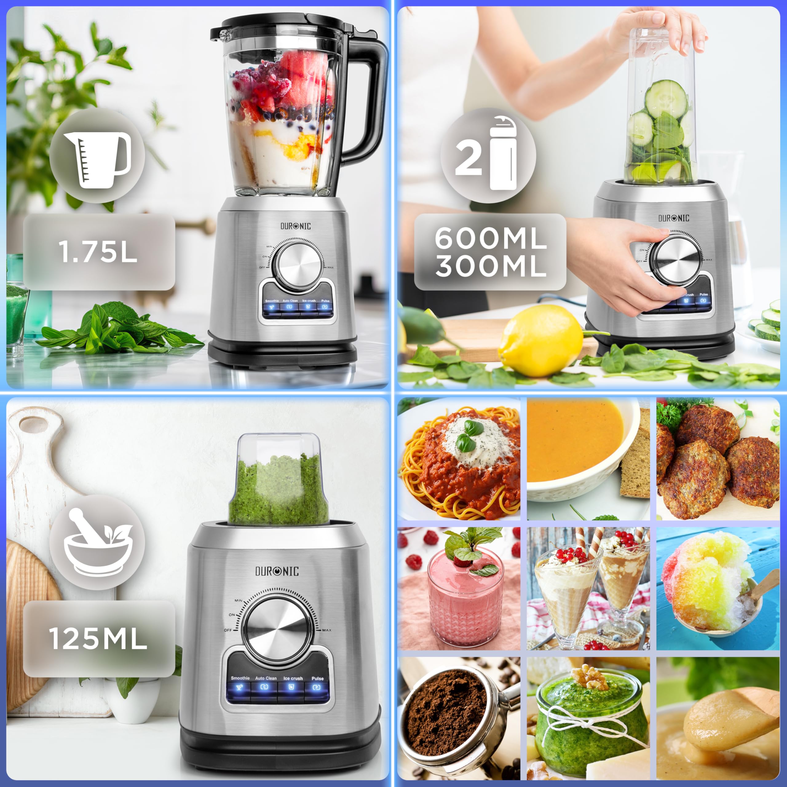 Duronic BL114 1400W High-Speed Blender with Grinder | 1.75L Glass Jar & Stainless Steel 6-Blade System | Preset Functions for Smoothies, Baby Food, Soups & Protein Shakes | Perfect for Kitchen, Gym & Healthy Lifestyle