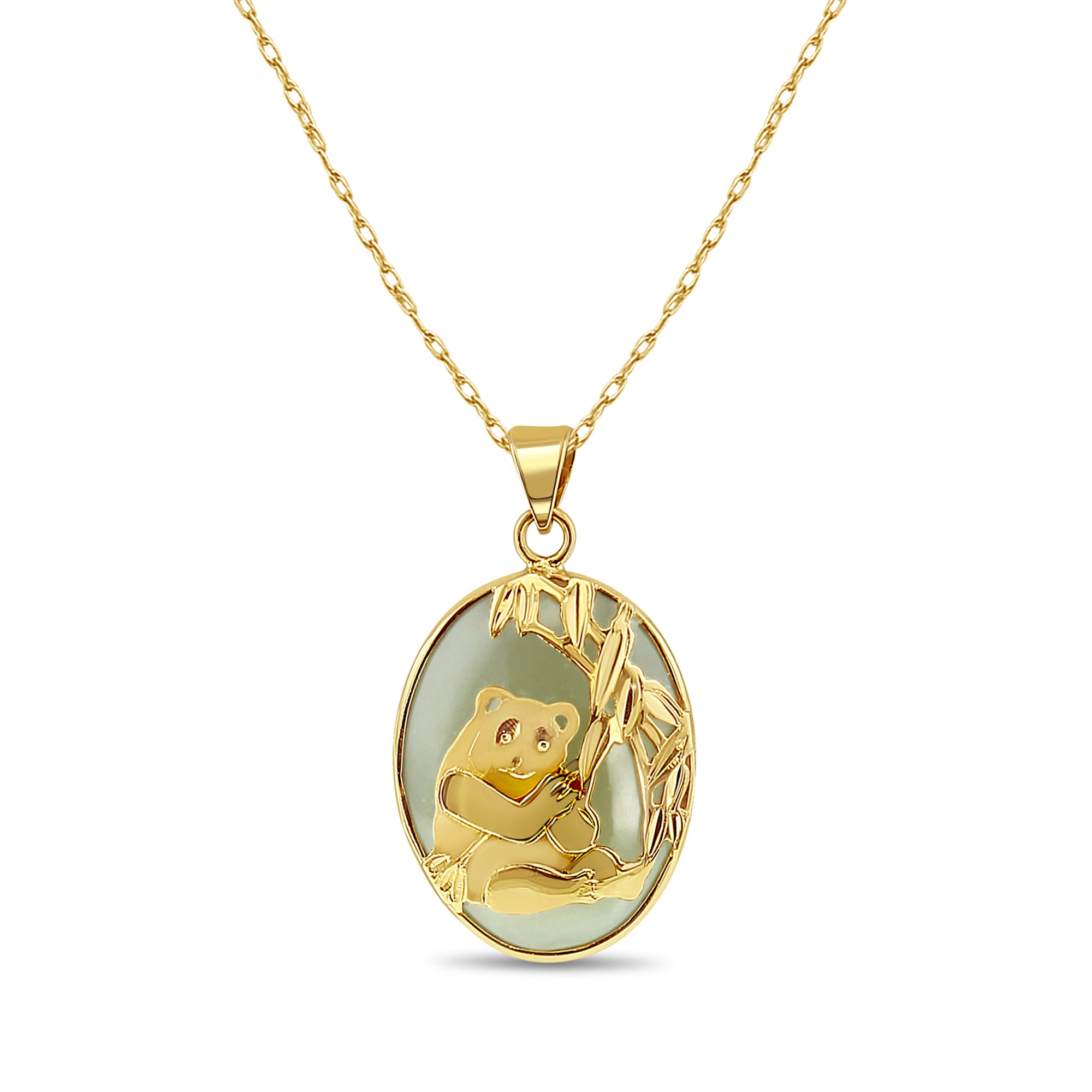 14K Yellow Gold Panda Design Oval Natural Green Jadeite Necklace - Elegant Jewelry Gift for Women, Perfect for Weddings, Parties & Special Occasions