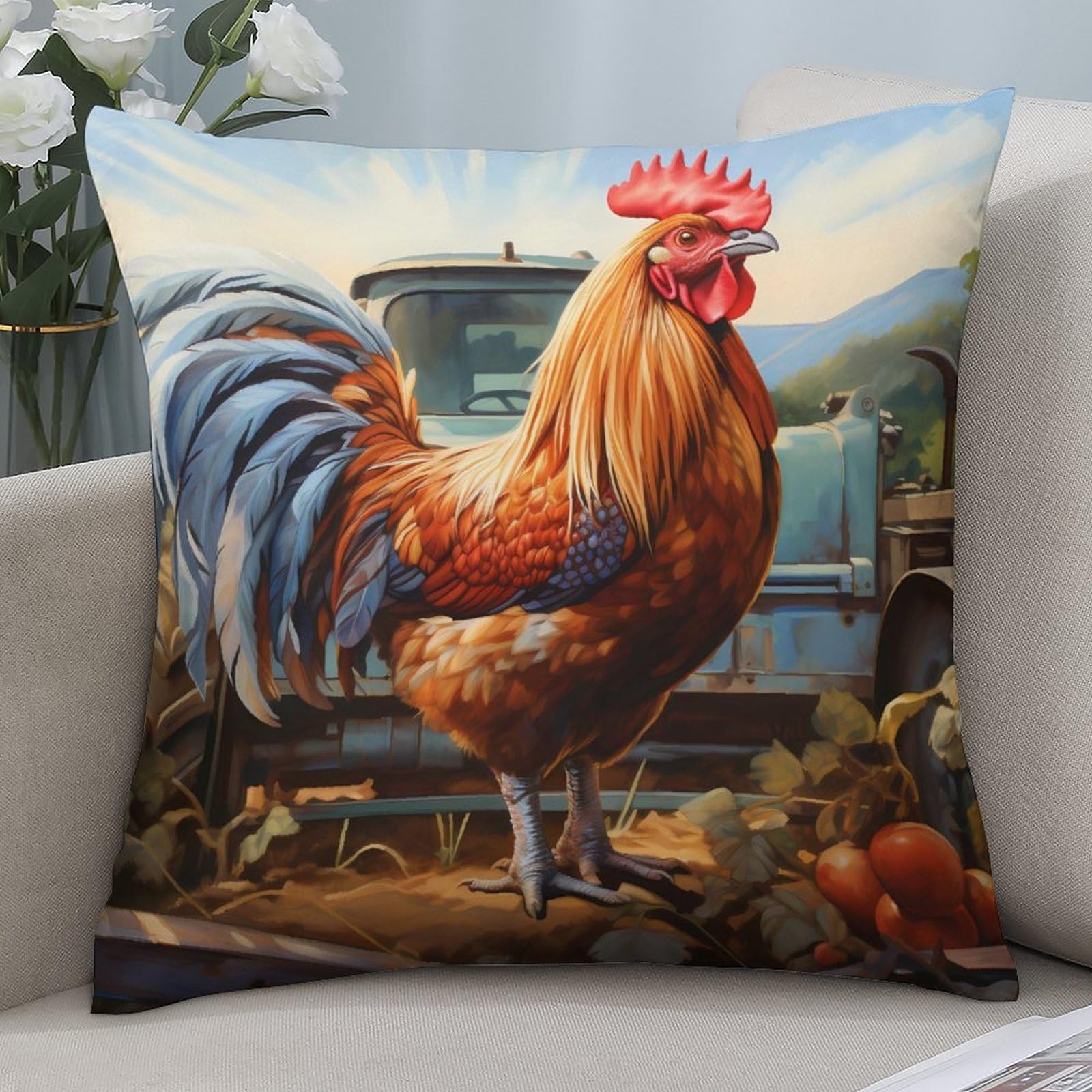 Funny Rooster Throw Pillow Covers - 18x18 Inch Square Decorative Cushion Cases for Sofa, Couch, Living Room & Car - Farmhouse Home Decor & Funny Gift Idea