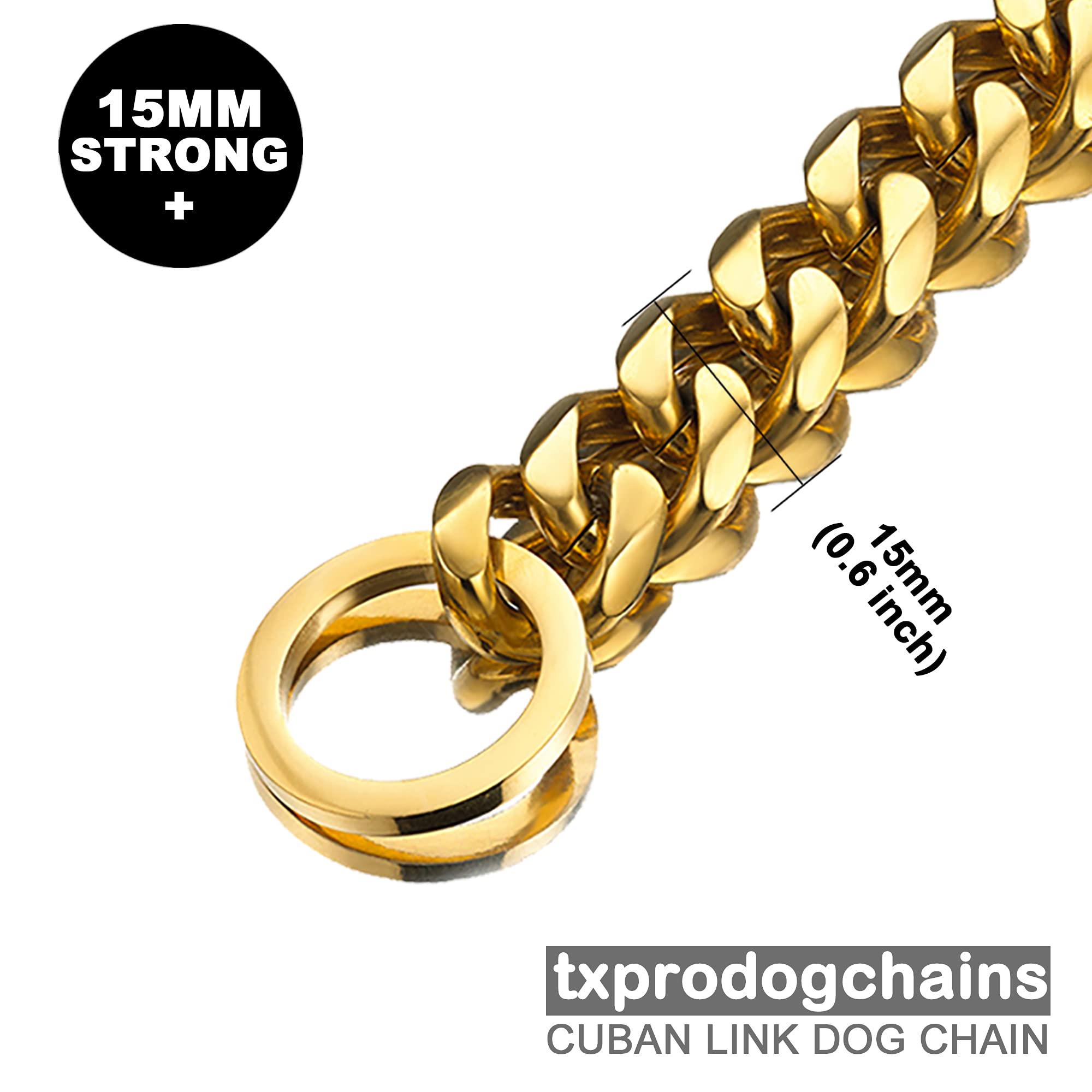 TXPRODOGCHAINS Chew Proof Gold Dog Collar - 15mm Thick Heavy Duty Stainless Steel Cuban Link Chain Collar for Small, Medium & Large Dogs - Perfect for Training, Walking & Outdoor Adventures
