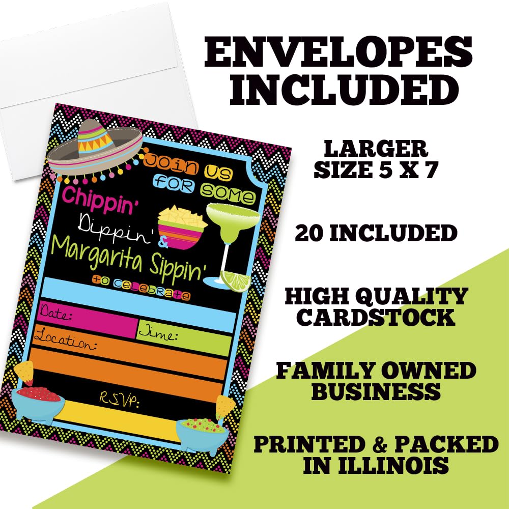 AmandaCreation 20-Pack 5x7 Birthday Party Invitations with White Envelopes - Chips Dips & Margarita Themed Fill-in Cards for Adult Celebrations, Girls Night Out, and Cocktail Parties