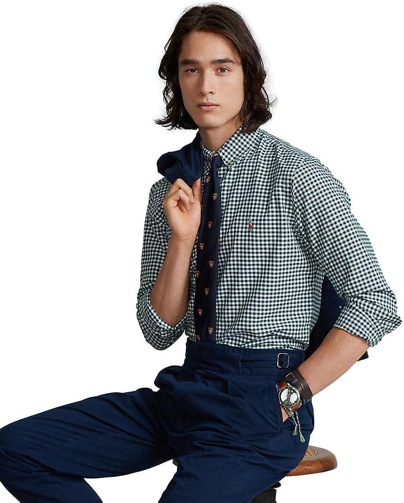 POLO RALPH LAUREN Men's Long Sleeve Oxford Button Down Shirt - Medium Size, Classic Checkered Green Pattern | Perfect for Business Casual, Office Wear & Smart Outfits