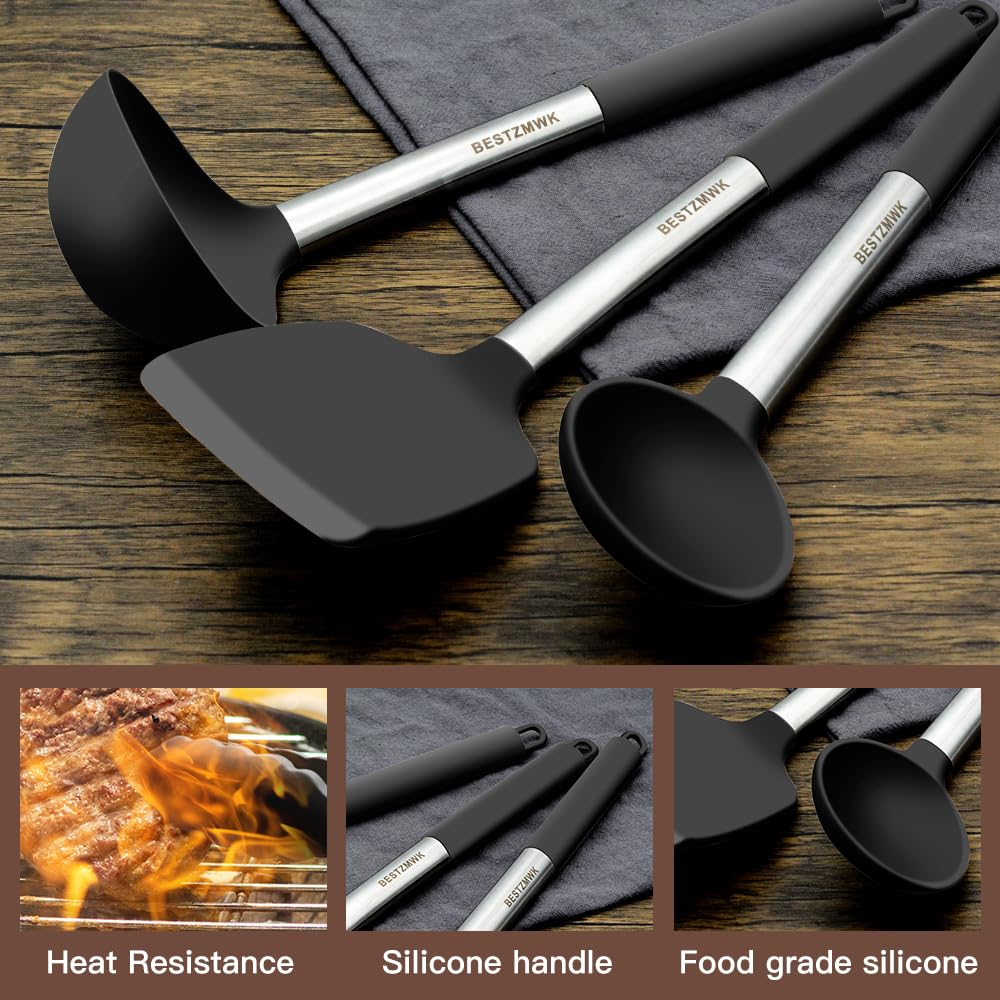 32-Piece Non-Stick Silicone Kitchen Utensil Set with Stainless Steel Handles & Holder - Spatula, Turner, Spoon & More - Perfect for Cooking, Baking & Serving - Black