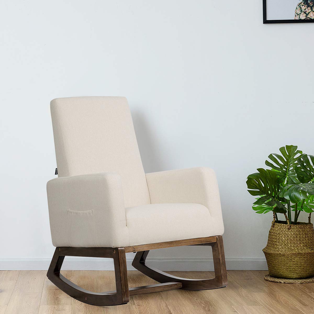 Giantex Upholstered Rocking Chair with Padded Seat & Wood Base - Comfortable Nursery Rocker, Living Room Chair in Beige - Perfect for Nursing, Relaxing & Nursery Decor