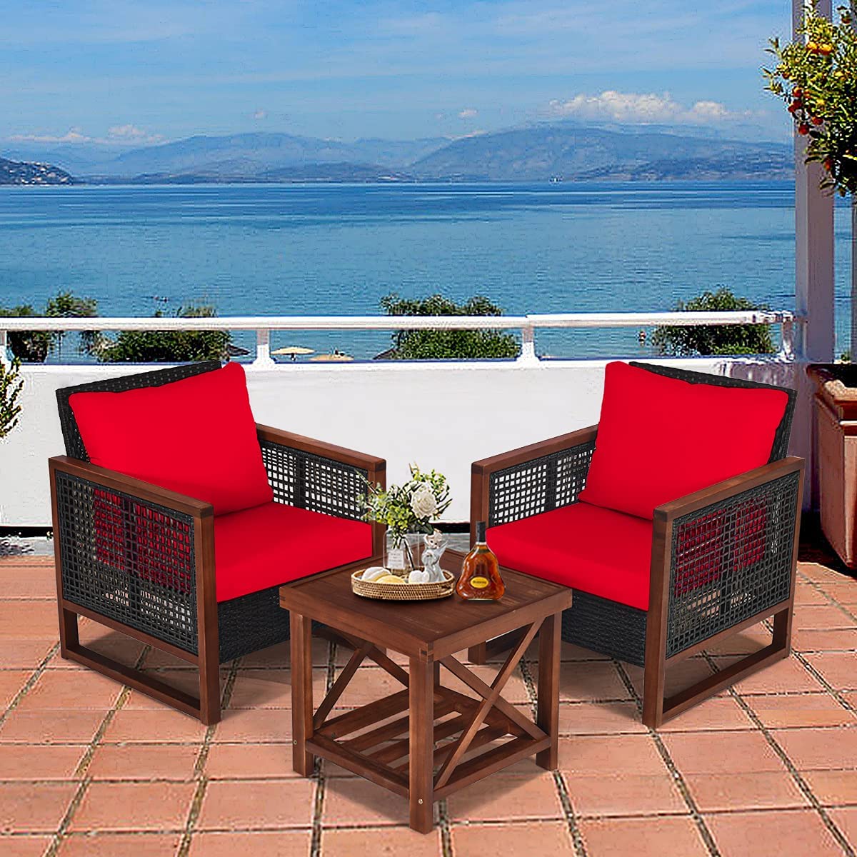 HappyGrill 3-Piece Outdoor Patio Furniture Set - Acacia Wood Wicker Chairs with Coffee Table & Washable Cushions - Perfect for Balcony, Porch, Garden, Poolside & Backyard Relaxation