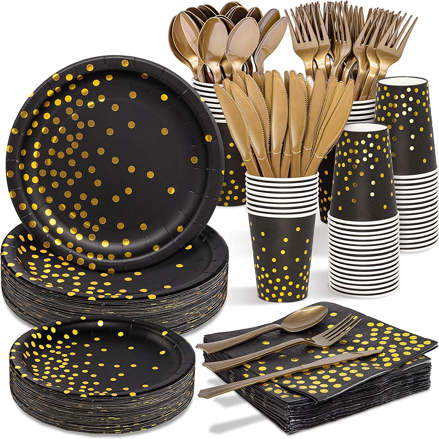2021 Black Gold Dot Disposable Paper Plates & Cups Set - 150 PCS Elegant Dinnerware Set with Gold Plastic Cutlery (Forks, Knives, Spoons) & Napkins - Perfect for 1920s Themed Parties, Retirement Celebrations, Graduation Events & Birthday Gatherings - Great for Indoor/Outdoor Use