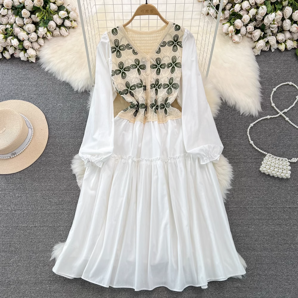 Fairy Sweet Bubble Long Sleeve V-Neck Knit Midi A-Line Dress 1354 - Elegant Casual Wear for Women, Perfect for Office, Date Night & Spring Outfits