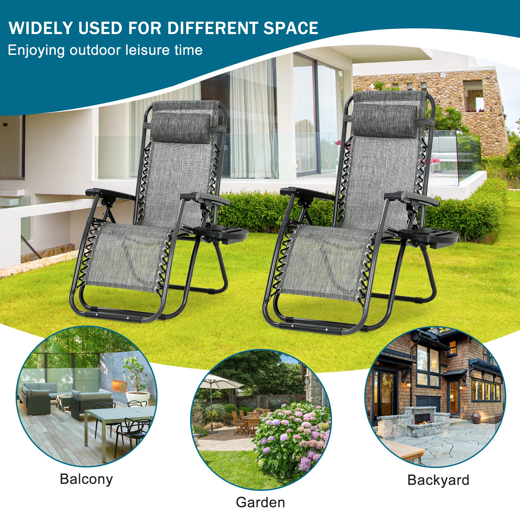 Zero Gravity Chair Set of 2 - Adjustable Folding Outdoor Lounge Chairs with Removable Pillow & Cup Holder | Portable Mesh Recliners for Patio, Beach, Camping, Poolside & Backyard Relaxation (Grey)