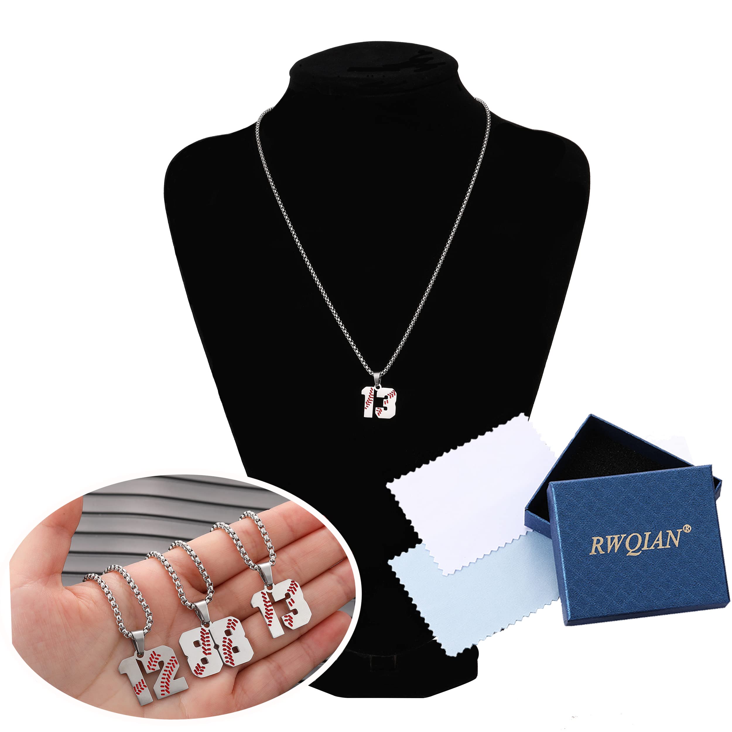 RWQIAN Stainless Steel Baseball Jersey Number Pendant Necklace (0-99) - Customizable Baseball Jewelry Gift for Men, Women, Boys & Girls - Perfect for Baseball Games, Sports Events & Fan Gifts