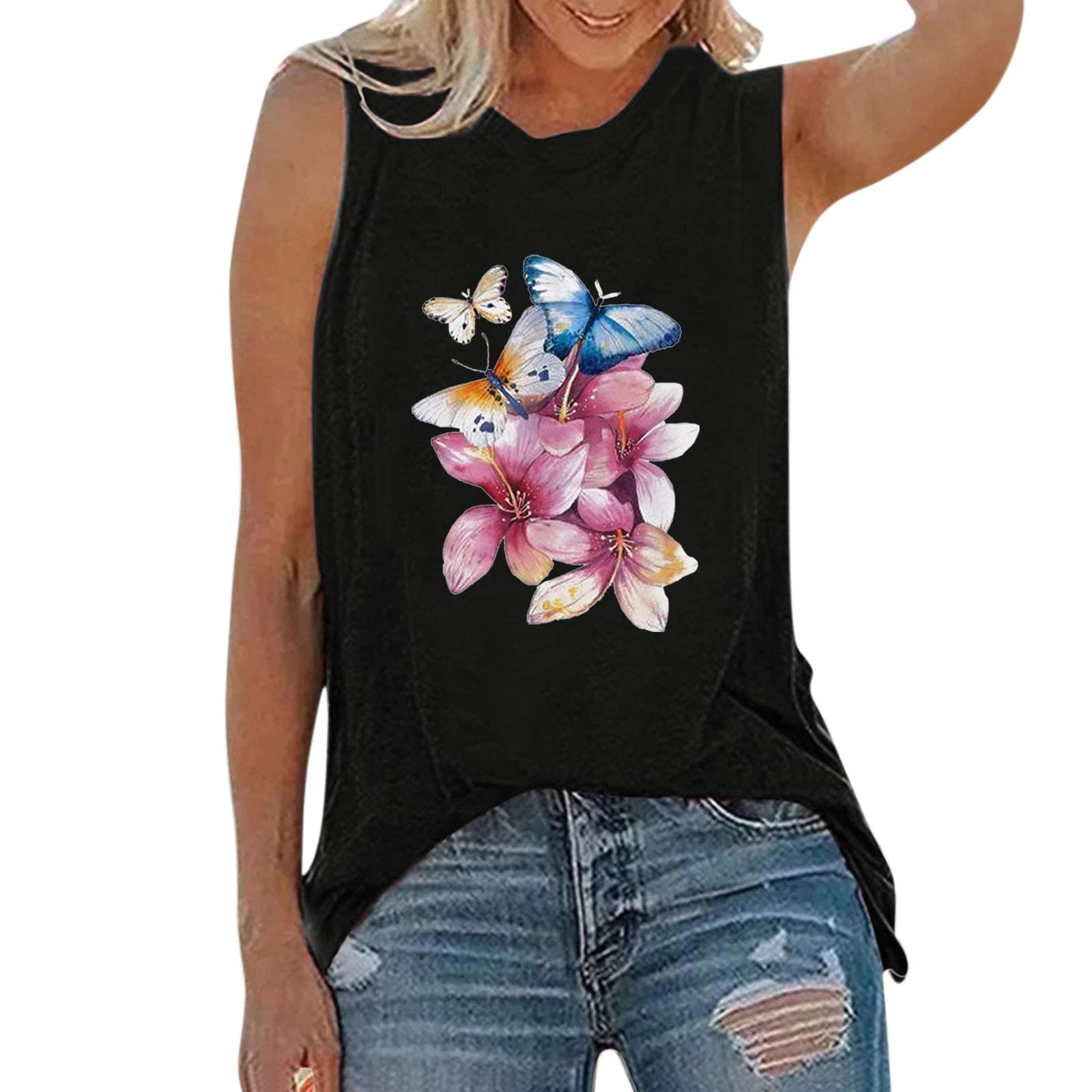 Cute Butterfly Print Women's Black Loose Fit Cropped T-Shirt - Sleeveless Summer Graphic Tee for Casual Outings & Beach Vacations