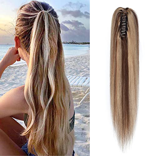 S-noilite 100% Real Human Hair Ponytail Extension Clip - 16inch 105g Medium Brown Balayage with Dark Blonde Highlights | Seamless Jaw Clip for Women | Perfect for Parties, Weddings & Everyday Styling