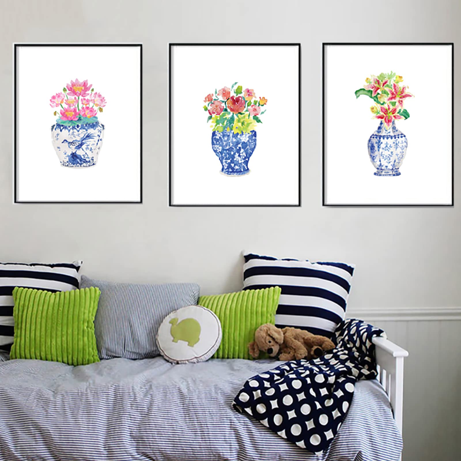 Chinese Blue and White Porcelain Watercolor Vase Flower Canvas Wall Art - Hand-Painted Floral Poster Print for Home Decor, Living Room, Bedroom, Office