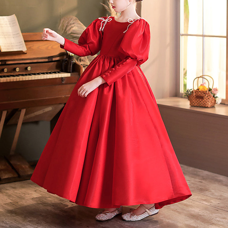 Red Princess Flower Girl Dress with Boat Neck & Lantern Sleeves - Perfect for Weddings, Birthday Parties & Special Occasions