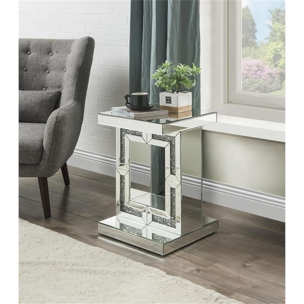 Acme Noralie Glass Accent Table with Pedestal Base - Elegant Mirrored Finish & Faux Diamond Decor | Perfect for Living Room, Bedroom, or Entryway Decor